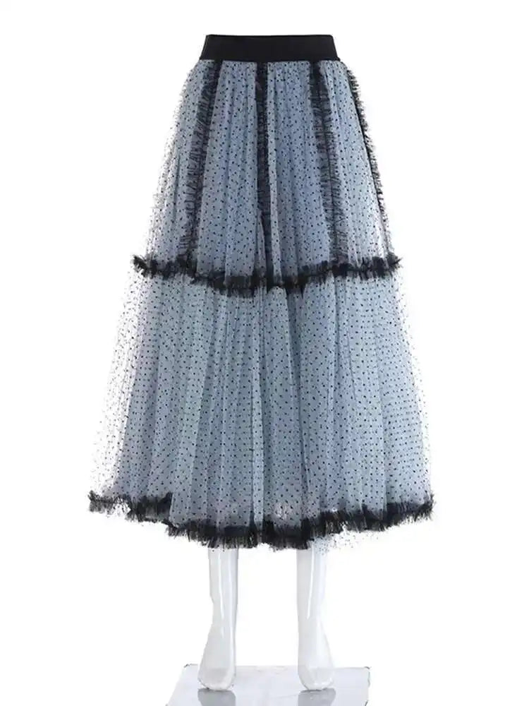 High Elastic Waist Red Dot Mesh Ruffles Elegant A-line Half-body Skirt Women Fashion Tide New Spring Autumn 2025 1DH6335