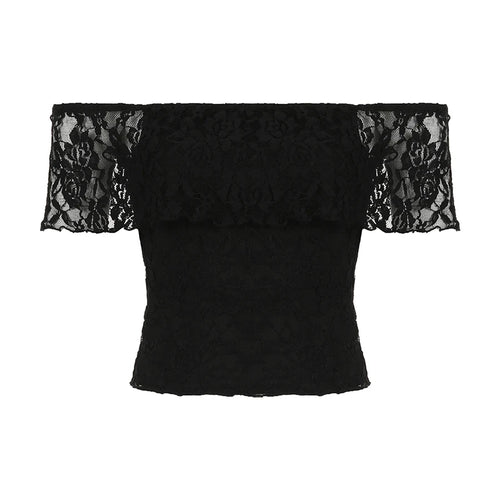 Load image into Gallery viewer, Vintage Fashion Black Lace T-shirt Female Tierred Off Shoulder Top Cropped Skinny Sexy Party Shirts Y2K Aesthetic New
