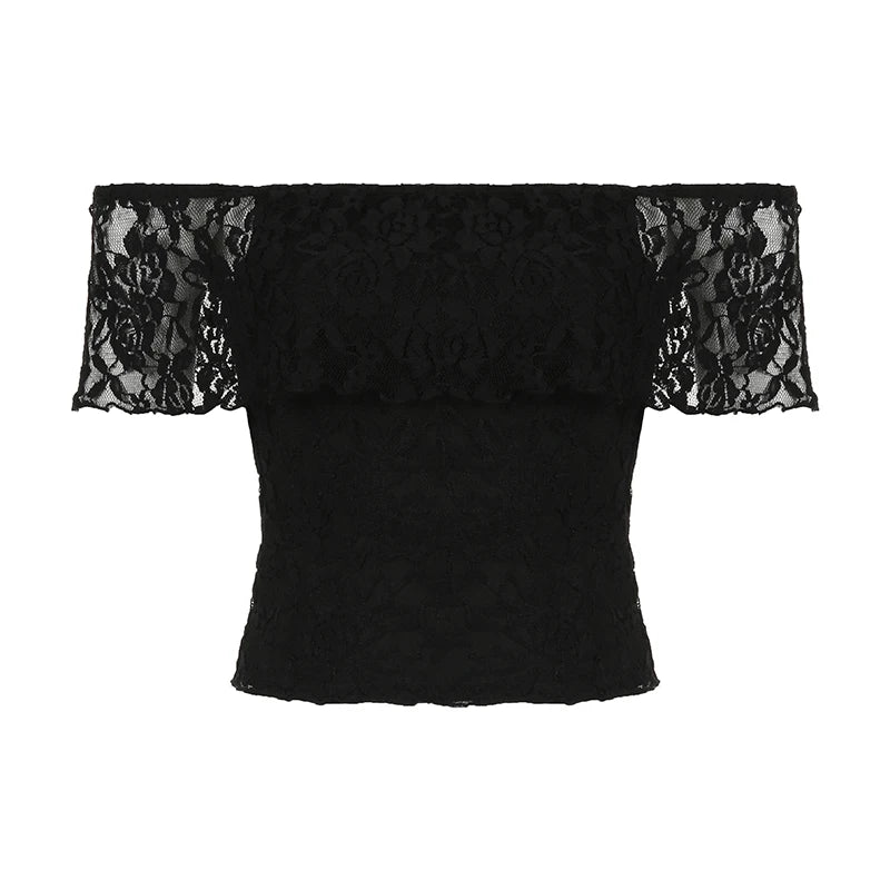 Vintage Fashion Black Lace T-shirt Female Tierred Off Shoulder Top Cropped Skinny Sexy Party Shirts Y2K Aesthetic New