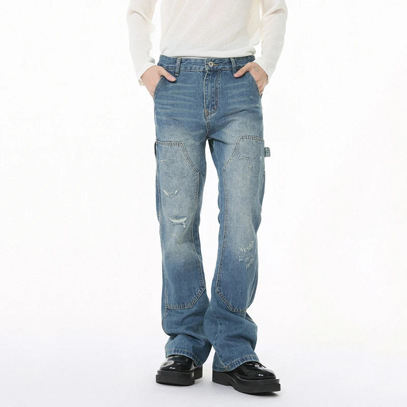 Korean Style Men's Denim Trousers Solid Color Menswear Patchwork Worn-out Mill White Straight Wide Leg Male Jeans 9W1264