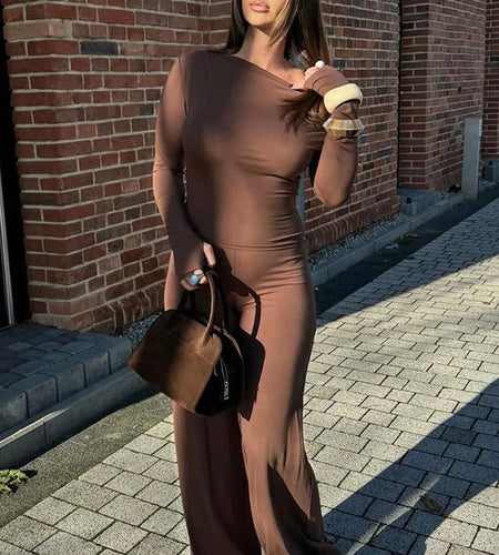 Fashion Women Long Sleeve Two Piece Set 2025 Autumn/Winter Casual New Female Slim Top Wrapped Hip Bellbottom Pants Set