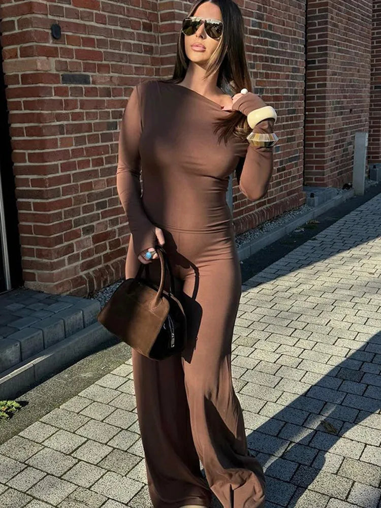 Fashion Women Long Sleeve Two Piece Set 2025 Autumn/Winter Casual New Female Slim Top Wrapped Hip Bellbottom Pants Set