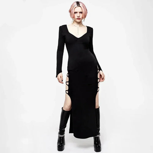 Load image into Gallery viewer, Gothic Punk Black Dress Halloween Costumes Womens 2023 Fall Low Cut Long Sleeve Backless Slit Maxi Dresses P85-DZ27
