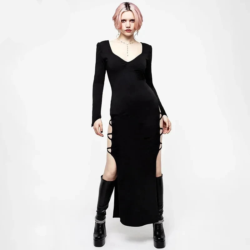 Gothic Punk Black Dress Halloween Costumes Womens 2023 Fall Low Cut Long Sleeve Backless Slit Maxi Dresses P85-DZ27