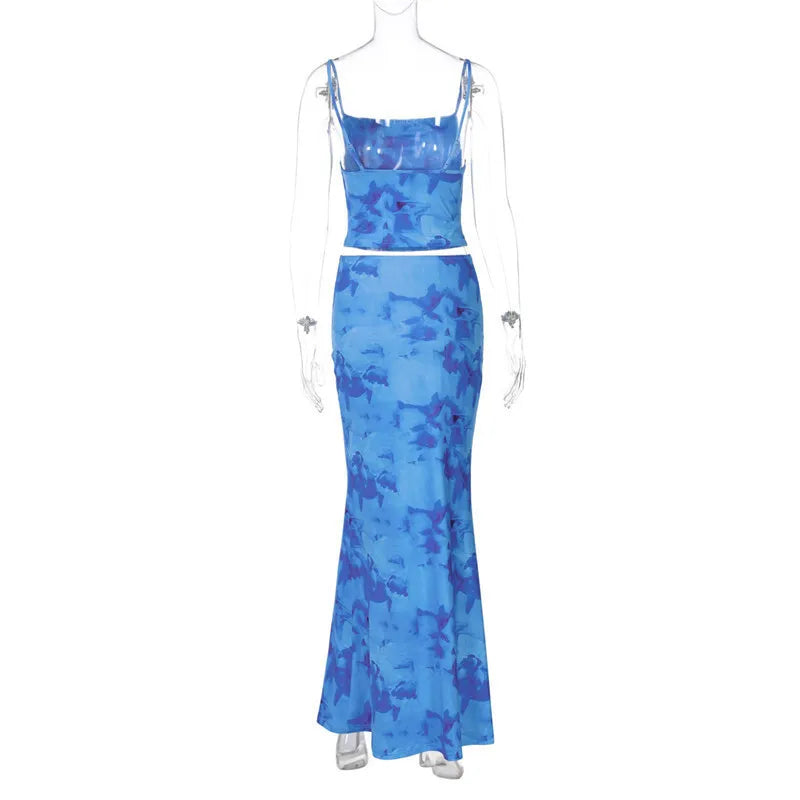 Strapless Print Sexy Two Piece Sets Women Spaghetti Strap Crop Tops And Maxi Skirt Female Elegant Printed 2 Piece Sets