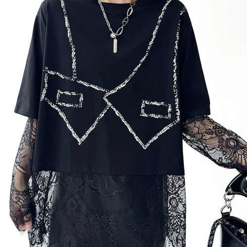 Load image into Gallery viewer, Women Black Pattern Lace Perspective Big Size T-shirt New Round Neck Long Sleeve Fashion Tide Spring Autumn 2025 1DJ0793
