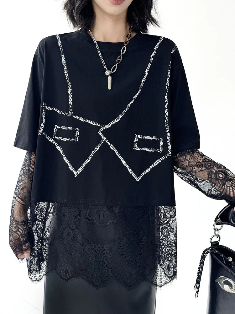 Women Black Pattern Lace Perspective Big Size T-shirt New Round Neck Long Sleeve Fashion Tide Spring Autumn 2025 1DJ0793