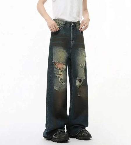 High Street Men's Denim Pants Worn-out Hole Design Contrast Color Straigh Bottom Wide Leg Loose Male Denim Spring 9C8204