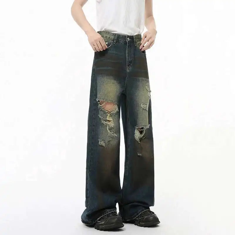 High Street Men's Denim Pants Worn-out Hole Design Contrast Color Straigh Bottom Wide Leg Loose Male Denim Spring 9C8204