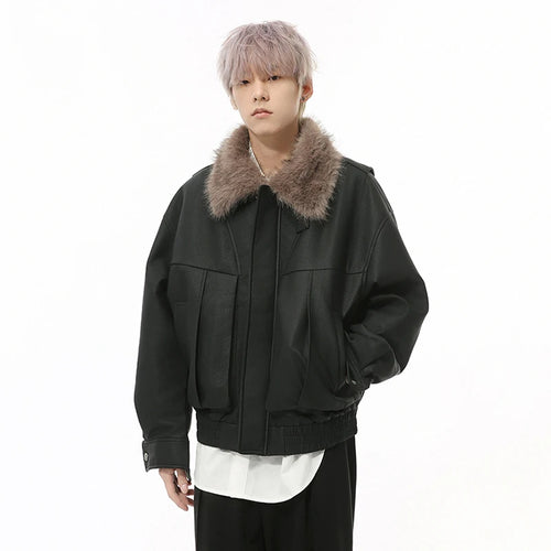 Load image into Gallery viewer, Winter Men&#39;s Padded Jacket Turn-down Collar Fur PU Leather Patchwork Contrast Color Male Cotton Coats Trendy 9C9341
