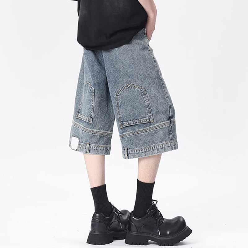 Men's Denim Shorts New American Personalized Straight Wide Leg Male Short Jeans Summer High Street Men Clothing 9W1670