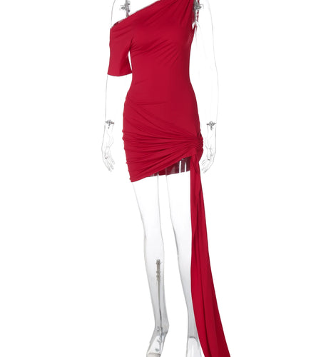 Fashion Solid One Shoulder Short Sleeve Draped Patchwork Sexy Mini Dress Summer Women Outfits Birthday Party Festival