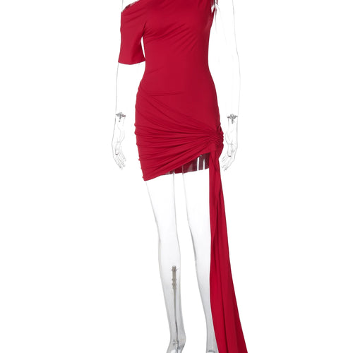 Load image into Gallery viewer, Fashion Solid One Shoulder Short Sleeve Draped Patchwork Sexy Mini Dress Summer Women Outfits Birthday Party Festival
