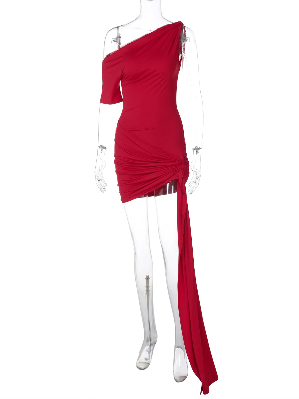 Fashion Solid One Shoulder Short Sleeve Draped Patchwork Sexy Mini Dress Summer Women Outfits Birthday Party Festival