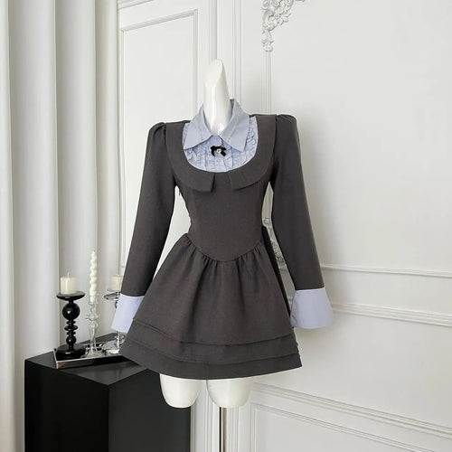 Load image into Gallery viewer, French 2025 Women Grey Patchwork Elegant Long Sleeved Button High Waist Short Dress Spring Autumn College Style Pleated Dresses
