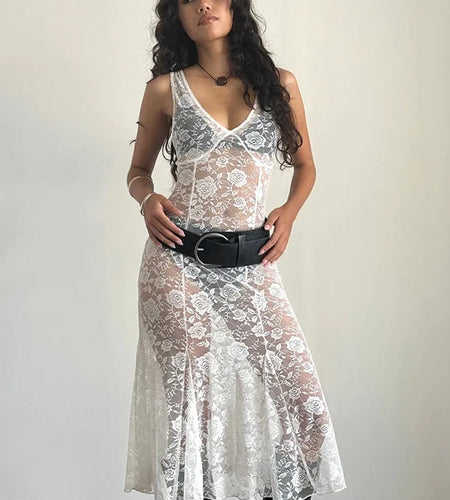 Sexy Lace Patchwork Printed Sleeveless Dress Women Perspective Slim Fit Backless Female Party Club Nightclub Vestidos