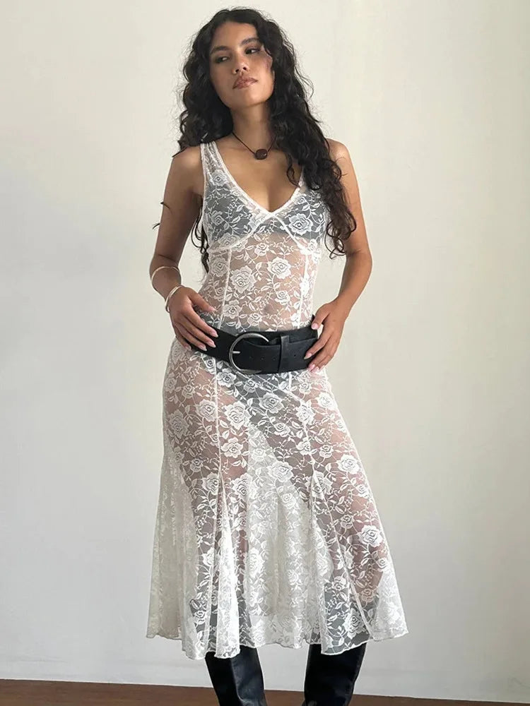 Sexy Lace Patchwork Printed Sleeveless Dress Women Perspective Slim Fit Backless Female Party Club Nightclub Vestidos