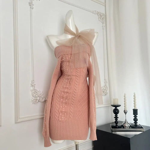 Load image into Gallery viewer, Autumn Winter New Pink Lace Off Shoulder Elegant Knit Dress Women Long Sleeve Slim French Vintage Festival Party Short Dresses
