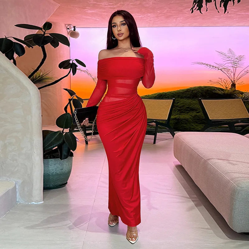 Off-shoulder Mesh See Through Sexy Maxi Dress For Women Elegant Strapless Long Sleeve Backless Bodycon Club Party Dress
