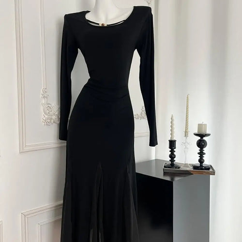 Load image into Gallery viewer, French Vintage Women's Black Mesh Elegant Long Sleeve Pleated Fishtail Dress Autumn Round Neck Temperament Party Evening Dresses
