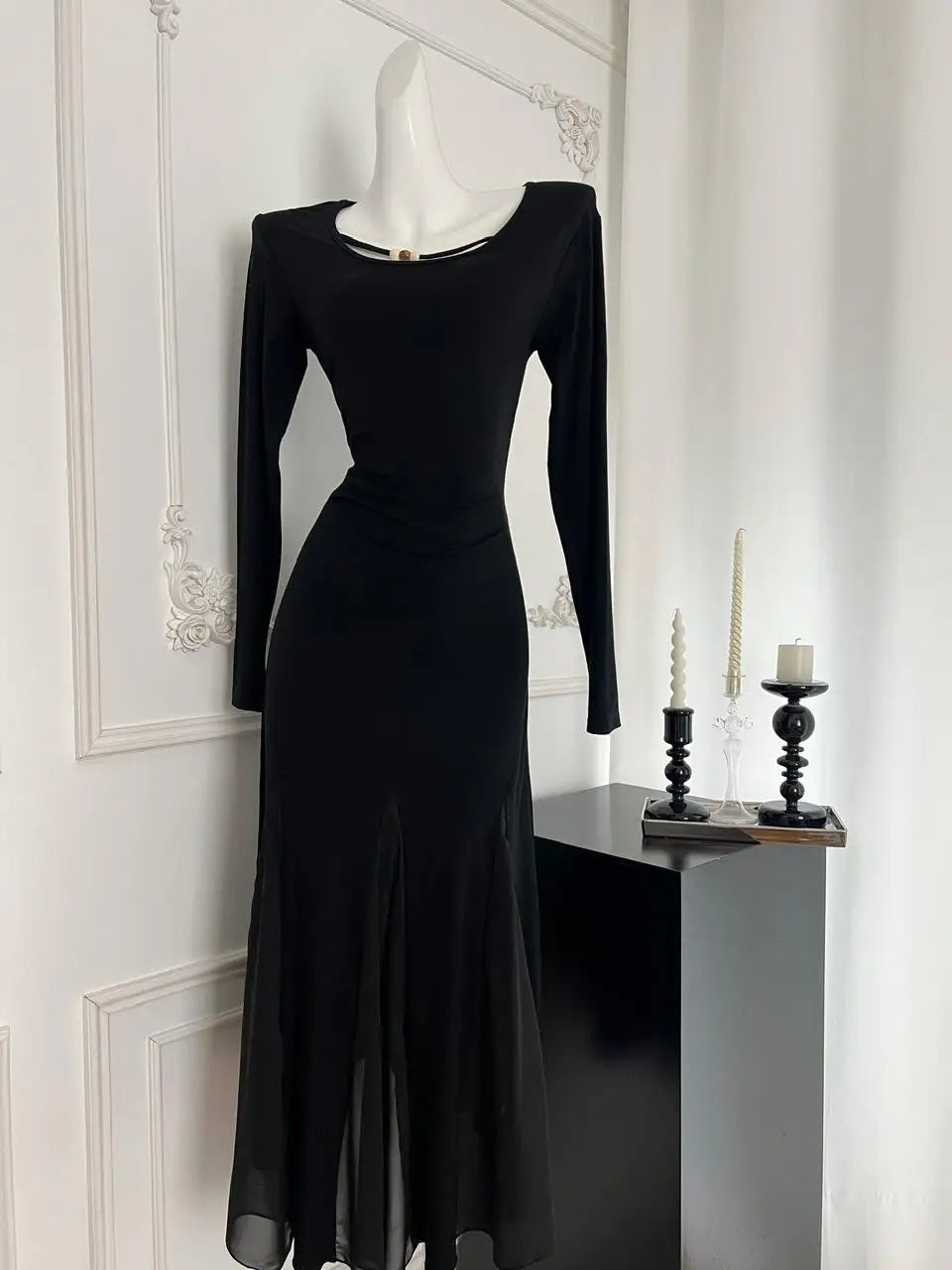 French Vintage Women's Black Mesh Elegant Long Sleeve Pleated Fishtail Dress Autumn Round Neck Temperament Party Evening Dresses