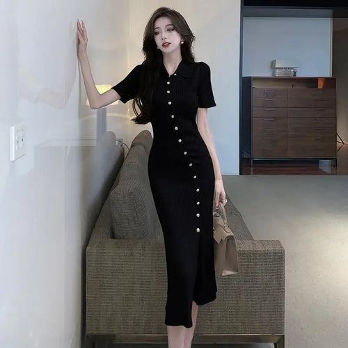 Load image into Gallery viewer, Korean Women's Black Temperament Knitted Office Lady Short Sleeve Dress Summer Beige Single Breasted Split Long Dress Simplicity
