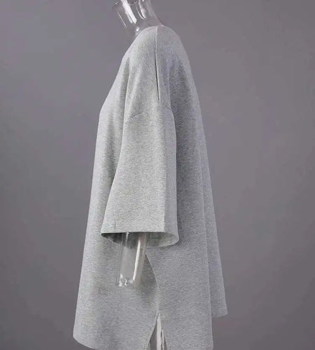 Women Beige Gray Side Slit Big Size Casual T-shirt New Round Neck Half Sleeve Fashion Tide Spring Autumn 2025 1DH6479