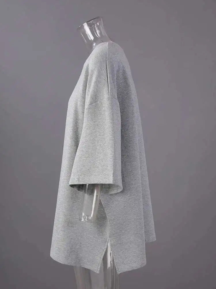 Women Beige Gray Side Slit Big Size Casual T-shirt New Round Neck Half Sleeve Fashion Tide Spring Autumn 2025 1DH6479