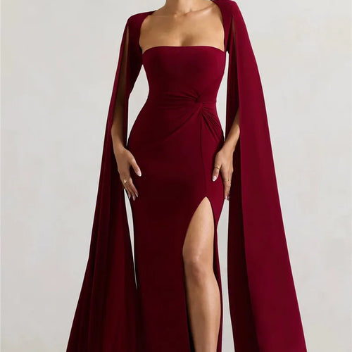 Load image into Gallery viewer, Long Cape Sleeve Split Maxi Dress For Women Gown Fashion Solid Square Collar Evening Sexy Long Dress Elegant New
