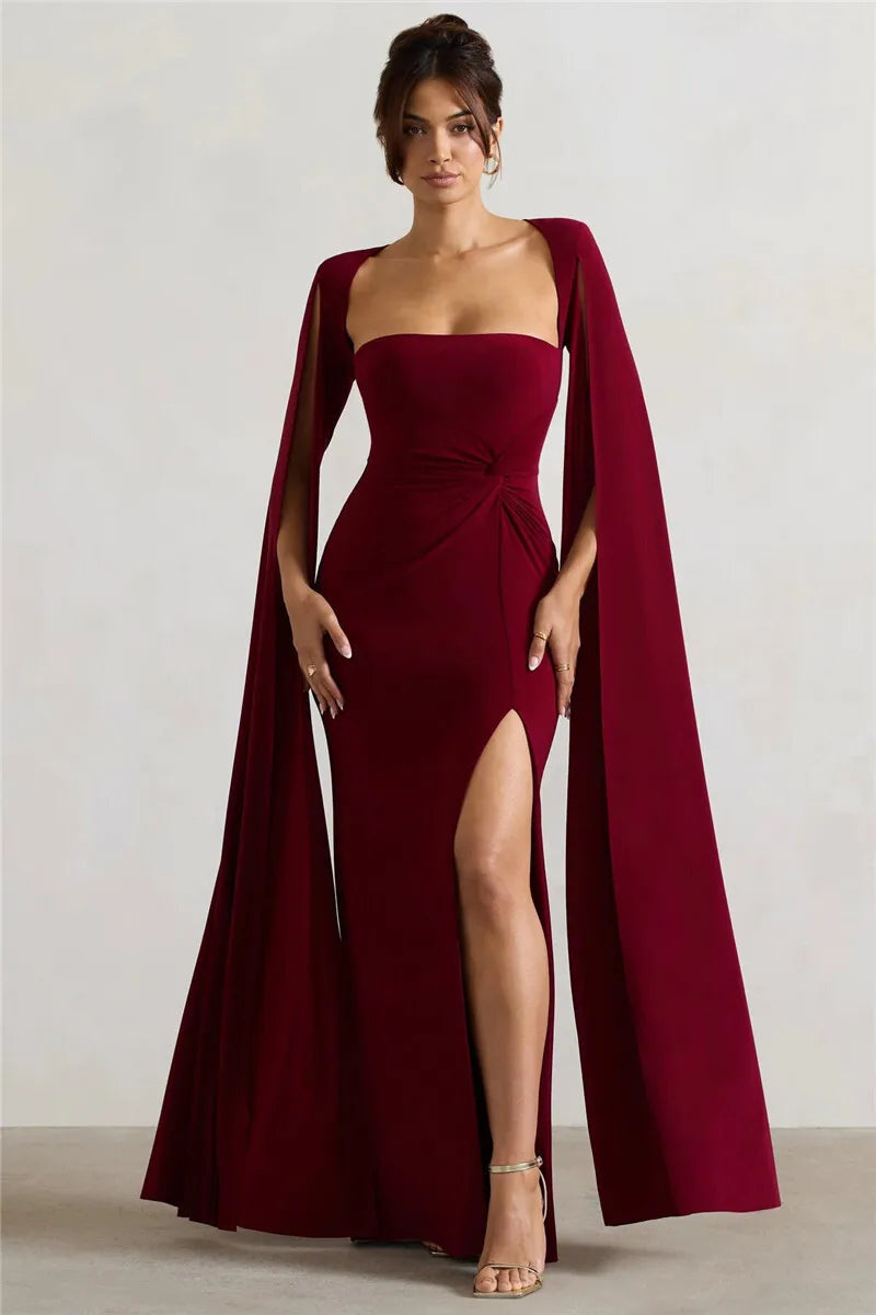 Long Cape Sleeve Split Maxi Dress For Women Gown Fashion Solid Square Collar Evening Sexy Long Dress Elegant New