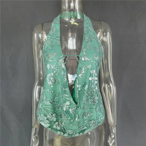 Load image into Gallery viewer, Glitter Deep V Neck Sexy Tank Tops Women Vest Pullovers Summer New Sparkle Backless Cropped Tops Elegant Beach Tops
