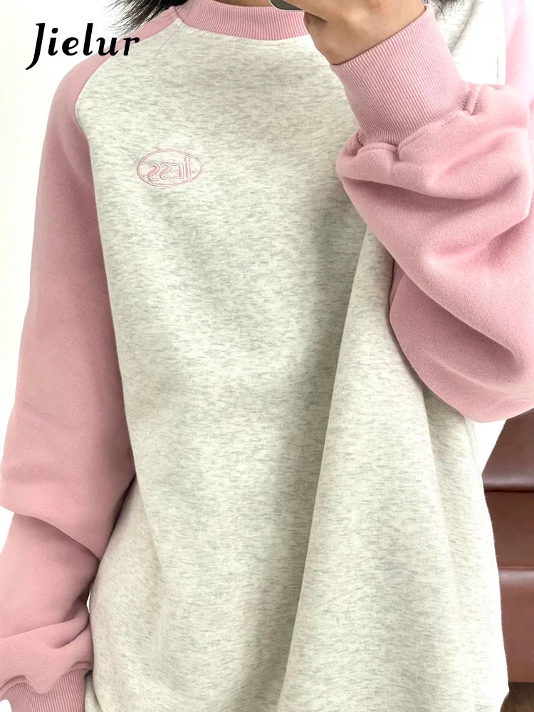 Sweet Pink Spell Color Women's Hoodies O-neck Fashion Autumn Loose Pullovers Basic Female Hoodies Casual Office Ladies