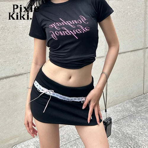 Load image into Gallery viewer, Bow Lace Mini Skirt Kawaii Fashion Girls Low Waist Black Skirts for Women Cutecore Y2k Summer Coquett Clothes P33-BB10
