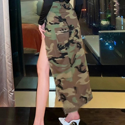 Load image into Gallery viewer, Split Summer Skirts For Women High Waist Camouflage Patchwork Button A Line Skirt Female Fashion Clothing
