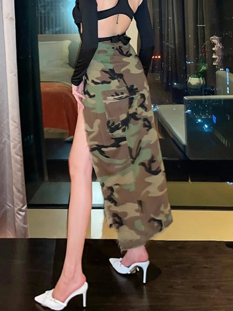 Split Summer Skirts For Women High Waist Camouflage Patchwork Button A Line Skirt Female Fashion Clothing