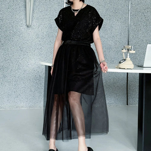 Load image into Gallery viewer, Black Sequins Dress Mesh Skirt Two Pieces Suit New Round Neck Short Sleeve Women Fashion Tide Spring Summer 2025 1DJ1153
