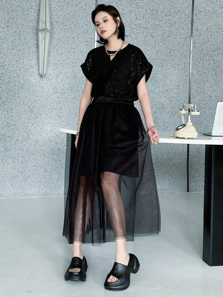 Black Sequins Dress Mesh Skirt Two Pieces Suit New Round Neck Short Sleeve Women Fashion Tide Spring Summer 2025 1DJ1153
