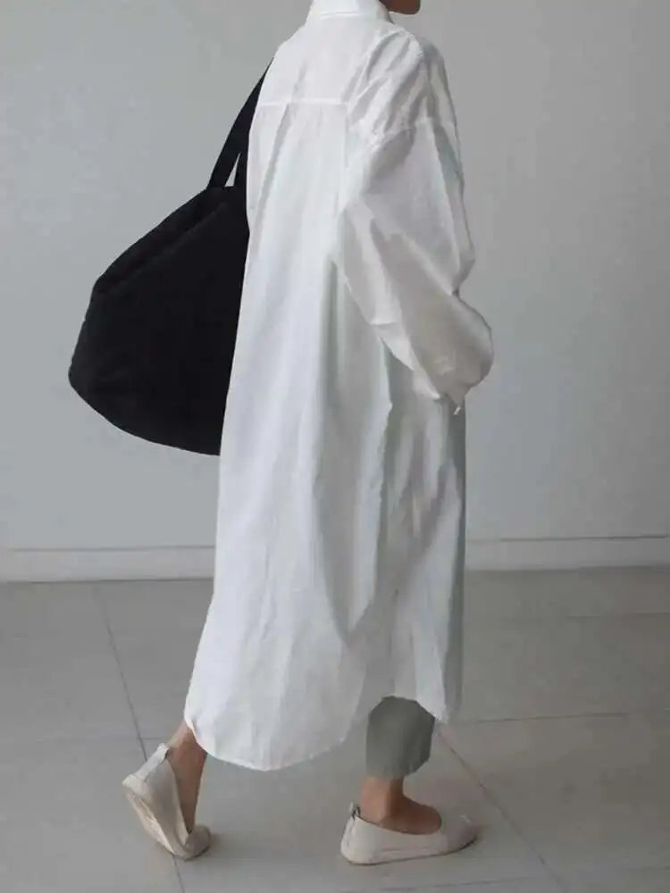 Women White Brief Long Big Size Blouse New Lapel Long Sleeve Loose Fit Shirt Fashion Tide Spring Autumn 2025 1DH0485