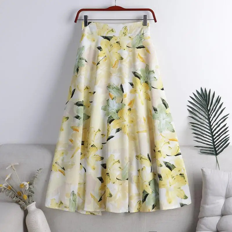 Chiffon Print Dot Skirts Womens High Waist All-match Summer Medium Long  A-line Skirt Female Office Lady Pleated Skirt Elegant