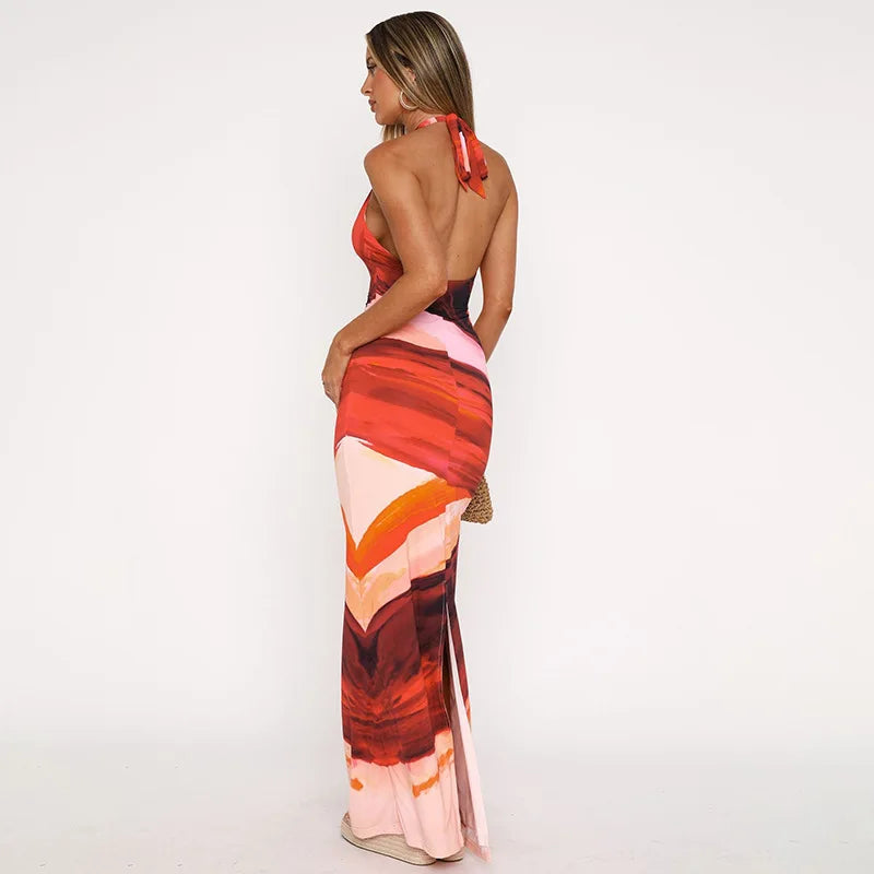 Halter Deep V Neck Print Sexy Maxi Dress For Women Fashion Lace-up Sleeveless Backless Bodycon Printed Long Dress