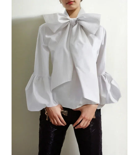 Bowknot High Collar Shirt for Women 2024 New Lantern Sleeve Fit Solid White Blouse Urban Women's Fashion office Tops