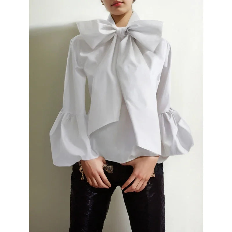 Bowknot High Collar Shirt for Women 2024 New Lantern Sleeve Fit Solid White Blouse Urban Women's Fashion office Tops