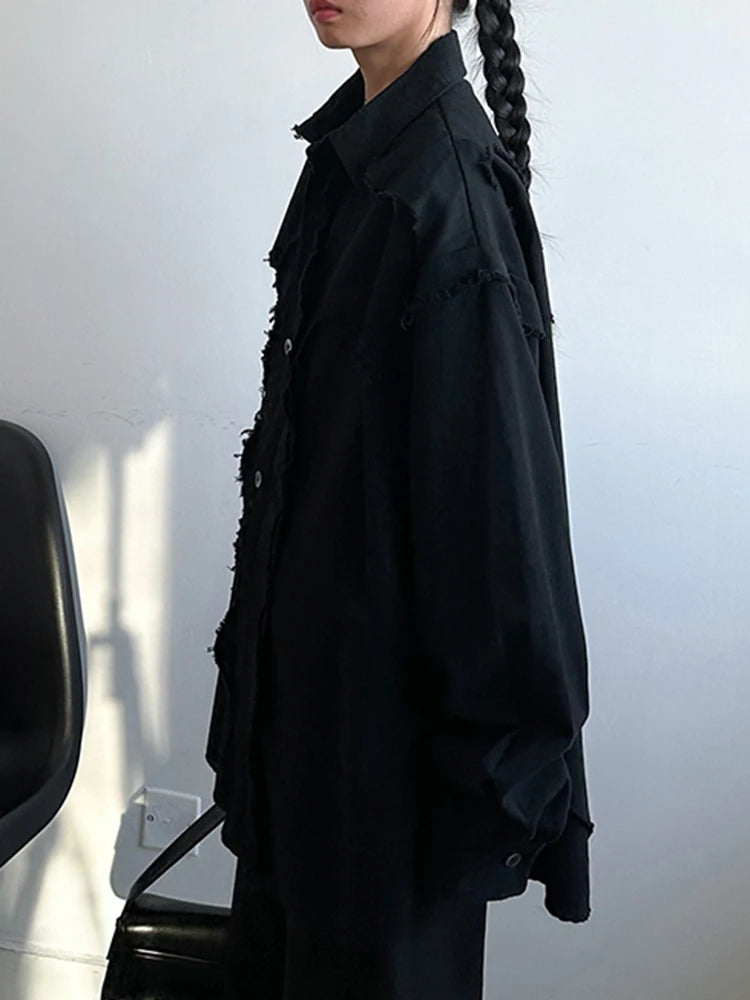 Women Black Burr Irregular Spliced Big Size Blouse New Lapel Long Sleeve Shirt Fashion Tide Spring Autumn 2025 1DH9561