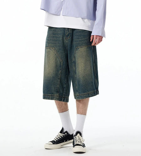 High Street Men's  Denim Shorts American Washed Solid Color Straight Leg Design Cropped Male Short Jeans 9W1469