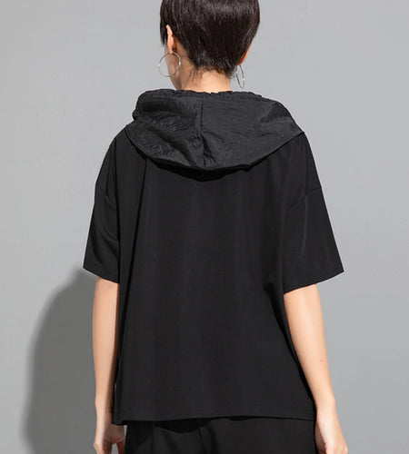 Women Black Zipper Drawstring Spliced Big Size T-shirt New Hooded Short Sleeve Fashion Tide Spring Summer 2025 1DJ1775