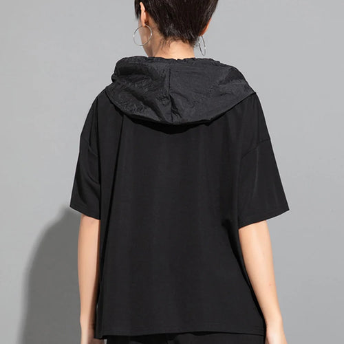 Load image into Gallery viewer, Women Black Zipper Drawstring Spliced Big Size T-shirt New Hooded Short Sleeve Fashion Tide Spring Summer 2025 1DJ1775
