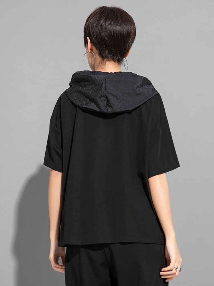 Women Black Zipper Drawstring Spliced Big Size T-shirt New Hooded Short Sleeve Fashion Tide Spring Summer 2025 1DJ1775