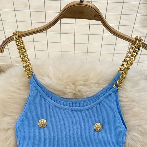 Load image into Gallery viewer, Korean Summer Fashion Women Solid O-neck Button Knitted Midi Dress Sexy Cldub Sleeveless Office Chain Slip Dresses Women Popular
