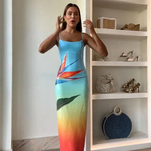 Load image into Gallery viewer, Floral Print Sexy Maxi Dress For Women Spaghetti Strap Sleeveless Backless Bodycon Slipdress Sequins Club Party Dress
