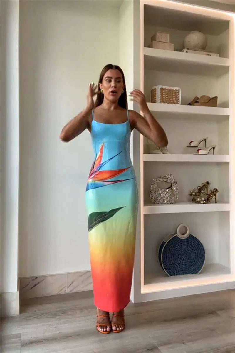 Floral Print Sexy Maxi Dress For Women Spaghetti Strap Sleeveless Backless Bodycon Slipdress Sequins Club Party Dress